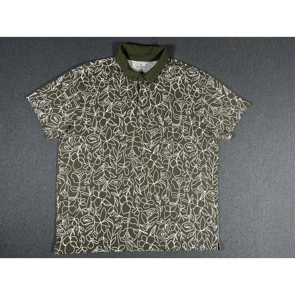 Fabletics Men's 2XL Olive Green Floral Print Golf Polo Shirt Cotton Stretch
